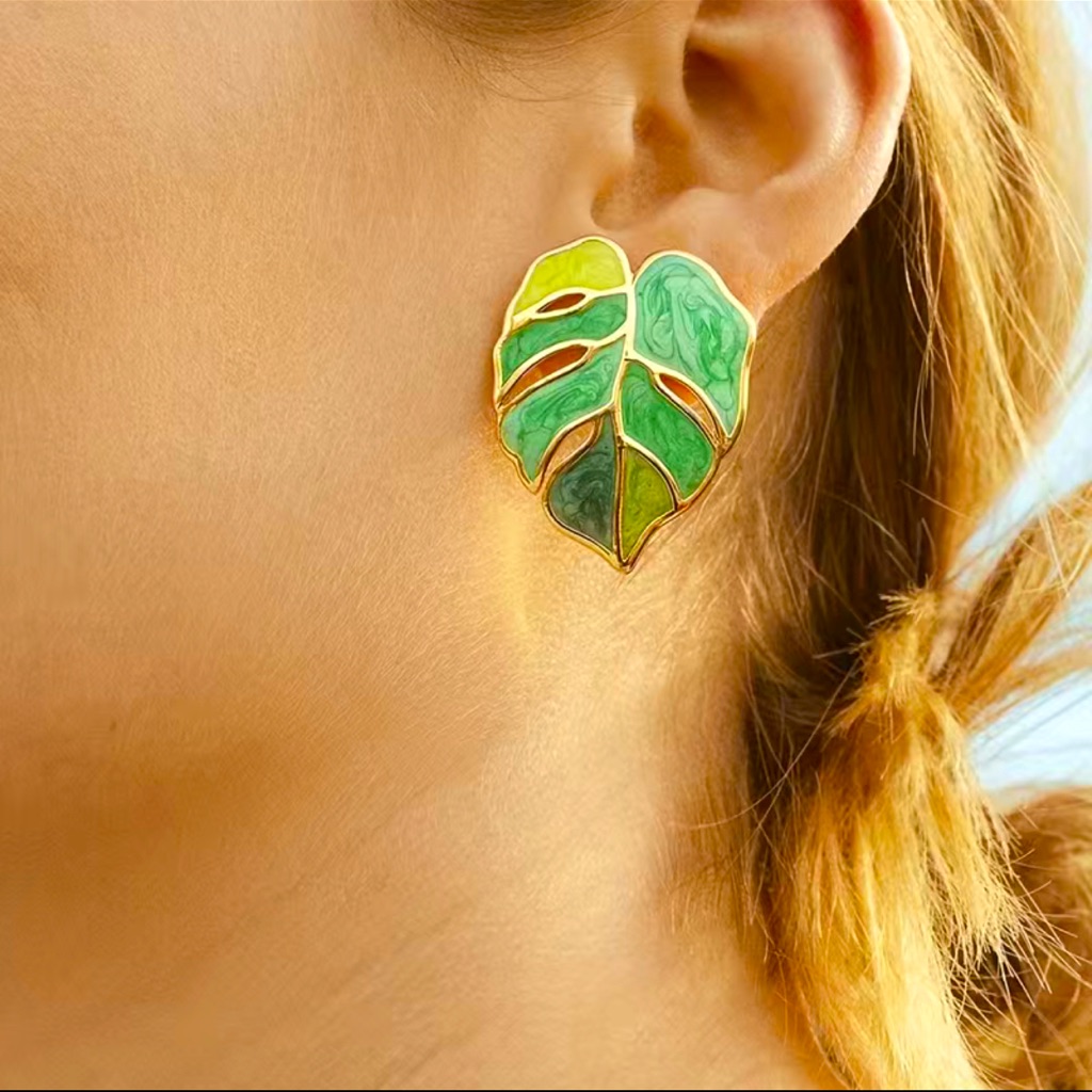Monstera Leaf Earrings Enameled Green Gold Tone Hypoallergenic Luxury